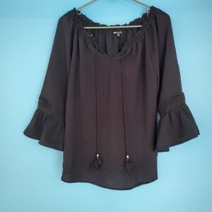 Unique Spectrum Small Black V-Neck Tasseled Blouse